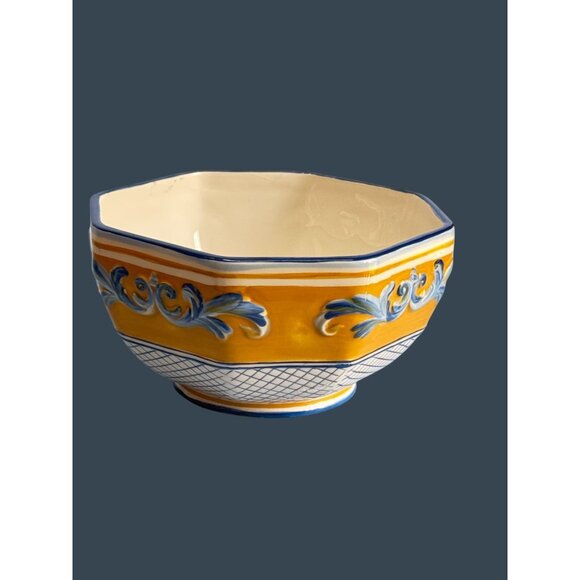 Fitz Floyd Ricamo Trattoria Octagonal Ceramic Bowl Yellow & Blue 6 1/4" - Picture 5 of 6